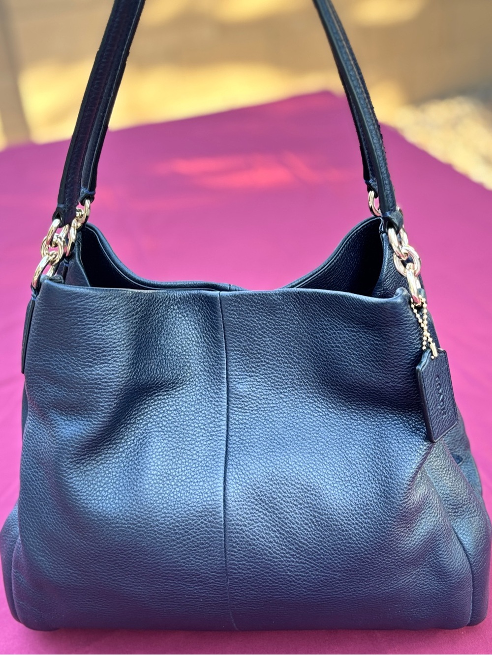 Coach Navy Blue Pebbled Leather Hobo Shoulder Bag Large Slouchy Tote